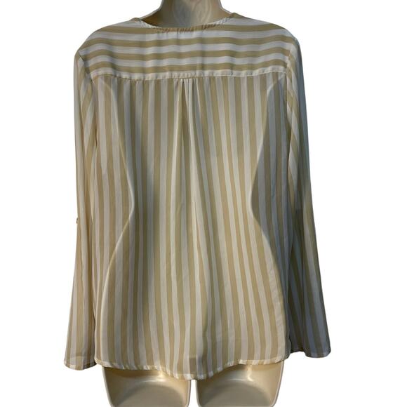 Charming Charlie Sheer Striped Collared Roll Up Sleeve Blouse White/Yellow Sz L - Picture 2 of 8